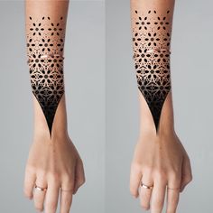 two pictures of hands with tattoos on their arms and one is showing the same design