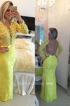 Fitted Yellow Dress With Sweep Train, Fitted Yellow Prom Gown, Green Long Sleeve Mermaid Dress For Wedding, Full Length Wedding Dress With Back Zipper, Long Sleeve Lace Evening Dress, Long Sleeve Prom Dress Mermaid, Mermaid Prom Gown, Mermaid Gown Prom, Lace Evening Dress