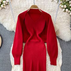 Materials: other Size: one size Color: red, black Elegant Red Knee-length Sweater Dress, Suspender Skirt, Fashion Sexy, Wrap Dress, Elastic, Tights, Turtle Neck, Red, Black