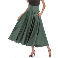 Green High Waisted Swing A-line Maxi Skirt Green A-line Maxi Skirt For Spring, A-line Pleated Skirt With Pockets, Chic Green A-line Maxi Skirt, Chic A-line Maxi Skirt In Solid Color, Solid Color Pleated Flared Skirt For Party, Solid Color Flared Pleated Skirt For Party, Pleated Flared Skirt For Party In Solid Color, Chic A-line Maxi Skirt With Lining, Chic A-line Lined Maxi Skirt