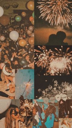 a collage of photos with people and fireworks