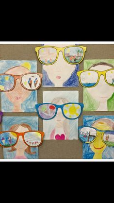 art work made with children's glasses and colored pencils