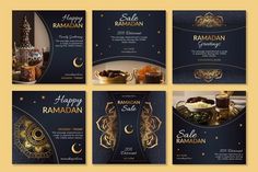 the ramadan sale flyer is shown in gold and blue colors, with different items on it