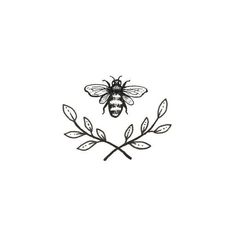 a black and white drawing of a bee on a twig