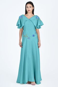 A romantic maxi dress with flutter sleeves and blue floral embroidery, perfect for celebrating special occasions. Romantic Maxi Dress, Dress With Flutter Sleeves, Alexis Dress, Maxi Dress Floral, Cotton Maxi Dress, Dresses Xxl, Swimwear Dress, Cotton Maxi, Maxi Dress Cotton