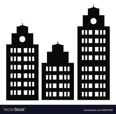 three buildings silhouetted against a white background