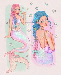 two mermaids one with blue hair and the other pink