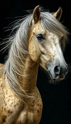 a brown and white horse with long hair on it's head, standing in front of a black background