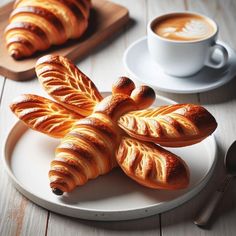 croissants are arranged on a plate next to a cup of coffee