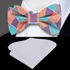 Choose From: Single Bow Tie Bow Tie and Pocket Square Material of Bow Tie and Pocket Square: 100% Silk Bow Tie Fits Neck Sizes: 14 - 22” Inches Choose From: Self Tie Pre Tied Pattern On Fabric: Geometric Color Of Fabric: Teal, Purple, Orange Spring Party Bow With Ties, Summer Party Suit And Tie Accessories With Satin Bow, Elegant Multicolor Bow Tie, Purple Bow Tie For Party, Summer Party Bow Tie With Butterfly Knot, Purple Party Bow Tie, Summer Party Bow Tie With Detachable Bow, Fitted Purple Suit And Tie Accessories For Party, White Spring Party Bow Tie