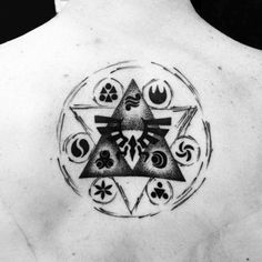 the back of a man's shoulder with an image of three triangles and symbols on it