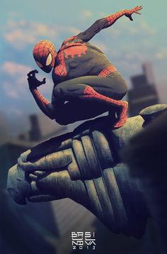 a spider - man on top of a statue in front of a cityscape