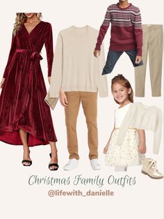 christmas family outfits for the whole family from left to right, sweaters, dresses, pants and shoes