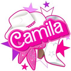 a pink and white cowboy hat with the word camila on it