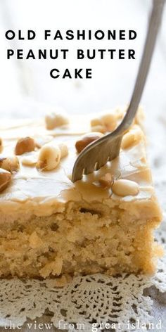 an old fashioned peanut butter cake on a doily with a fork stuck in it