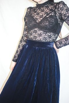 "Stunning glossy blue velvet vintage maxi skirt, of 100% rayon , very beautiful fabric Feels a lot Victorian inspired, in the 70s and early 80s this trend was all the rage. Very elegant, luxurious looking, designed to sit at the natural waistline (thinnest part of the waist) The colour is very dark, rich blue, I had to use flash and bright lights taking these pics for colour to show up in photos. In darker lighting or in the evening it may appear almost black. It has lining inside, and is well m Luxury Elegant Velvet Skirt, Velvet Floral Skirt, Purple Velvet Skirt, Velvet Maxi Skirt 90s, 50s Pencil Dress, Blue Velvet Skirt, Vintage Maxi Skirt, Lace Nightgown, Velvet Skirt