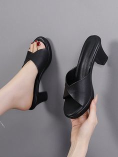 Black  Collar     Embellished   Women Shoes Black High Heel Sandals, Trendy Heels, Shoes Heels Classy, Black Chunky Heels, Shoes Hack, Elegant Sandals, Heels Classy, Pants Women Fashion, Heel Mules