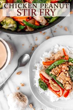 chicken and broccoli stir fry in a skillet on top of white rice