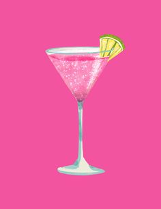 a pink drink with a lemon slice on the rim in front of a pink background