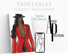 an image of a woman in a red suit and hat with the text, printables sample included