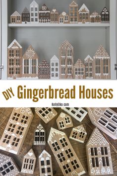 gingerbread houses are arranged on shelves with text overlay that reads diy gingerbread houses