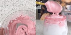 two pictures one with pink and white icing in it, the other with red frosting