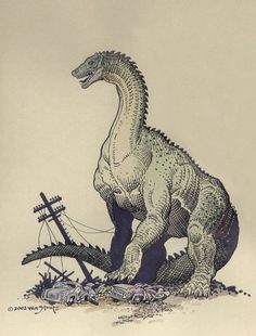 a drawing of a dinosaur standing on top of a pile of debris