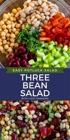 three bean salad in a bowl with text overlay