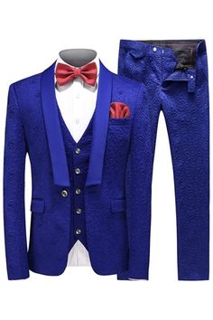 Beau Stylish Royal Blue Shawl Lapel Three Pieces Jacquard Men Suits For Wedding Flat Pants, Slim Fit Suit Pants, Prom Tuxedo, Blue Shawl, Black Shawl, Dress Suits For Men, Groomsmen Suits, Prom Suits, Slim Fit Suits