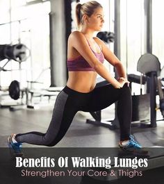 a woman doing squats on a bench with the words benefits of walking lungs and strength your core & thighs