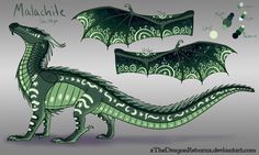 a drawing of a green dragon with intricate designs on it's wings and tail