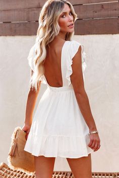 White Dresses Graduation, Cute White Dress, Cake Skirt, Mini Dresses Online, Grad Dresses, Backless Design, Backless Mini Dress, Neck Ruffle, Types Of Skirts