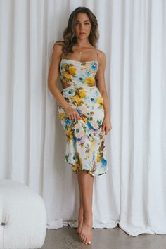 Sunday Bliss Tie-Up Back Cowl Neck Midi Dress Floral Yellow by Selfie Leslie Cowl Neck Midi Dress, Midi Dress Floral, Selfie Leslie, Yellow Bridesmaids, Red Bridesmaids, Brunch Date, Yellow Floral Dress, Weekend Brunch, Blue Bridesmaids