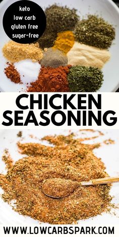 chicken seasoning on a white plate with the words low carb gluen free sugar - free