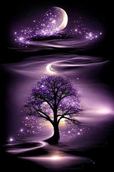 two purple trees with stars and moon in the background