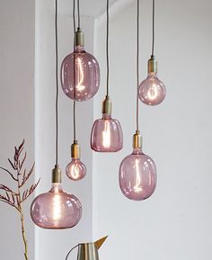 a bunch of light bulbs hanging from a ceiling in a room with plants and vases