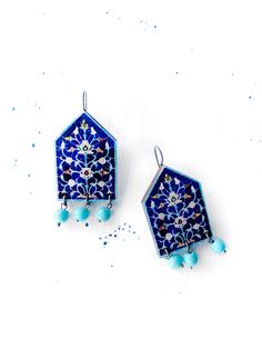 "AREZOO Persian ethnic earring is handcrafted and features a historic tile pattern from an old Persian architecture. This earring is the perfect Christmas / Valentine's day/ birthday gift for your friend, sister, mother, bridesmaid, loved one, or a special treat just for yourself . These polygonal earrings are digitally printed, laser cut from 4mm birch plywood and attached to brass toned hooks. The charm measures approximately 1\"W x 1 3/8\"H and the total length of the earring including the ho Handmade Traditional Rectangular Earrings, Traditional Handmade Rectangular Earrings, Traditional Turquoise Earrings As A Gift, Traditional Inlay Earrings As Gift, Traditional Inlay Earrings For Gift, Blue Inlay Earrings For Gift, Blue Inlay Earrings For Gifts, Handmade Mediterranean Jewelry For Gift, Persian Earrings