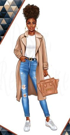 a drawing of a woman in ripped jeans and a trench coat holding a handbag