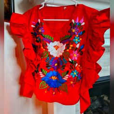 Hand Embroidered Blouse Nwot Red Blouse With Geometric Embroidery, Red Tops With Embroidered Sleeves For Spring, Red Cotton Top With Intricate Embroidery, Embroidered Blouse For Fiesta, Red Tops For Spring Fiesta, Red Tops For Fiesta In Spring, Spring Fiesta Tops With Intricate Embroidery, Spring Fiesta Top With Intricate Embroidery, Spring Fiesta Embroidered Blouse