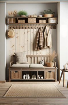 a wooden bench sitting next to a wall filled with baskets and coats on top of it