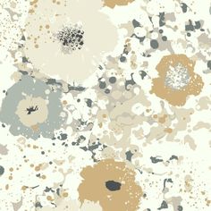 an abstract floral design in grey, beige and white colors with black spots on it