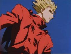 an animated image of a man with blonde hair and red shirt looking at the camera