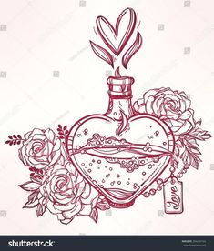 a heart shaped bottle with roses in the corner and an arrow above it on a pink background