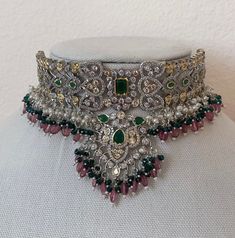 Sabyasachi Inspired Victorian Finish Dual Tone Choker Set with Pearls, Green, Red Stones and Beads - Silver Finish Base Pearl Jewellry, Etsy Jewelry Necklace, Red Stones, Choker Set, American Diamond, Red Stone, Etsy Jewelry, Green Stone, Jewelry Sets