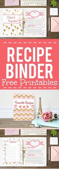 the recipe binder printables are shown with pink and gold accents