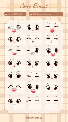 an info sheet showing the different facial expressions for each character's eyes and nose