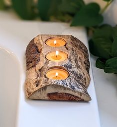 three lit candles are placed on a white surface next to some green plants and leaves