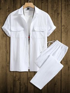 Men Flap Pocket Shirt & Drawstring Waist Pants Without Tee White Casual  Short Sleeve  Plain  Non-Stretch  Men Clothing, size features are:Bust: ,Length: ,Sleeve Length: Fancy Shirt For Men, Black Men Suits, Vintage Shirt Design, Stylish Shirts Men, Mens Smart Casual Outfits, African Wear Styles For Men, African Shirts For Men, Hype Clothing, Drawstring Waist Pants