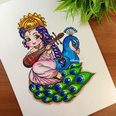 a drawing of a woman playing the violin on top of a peacock with a green plant in the background