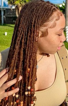 Hickory Locks Hair, Women’s Loc Hairstyle, Micro Locs Dyed, Chocolate Locs Black Women, Dyed Locs Brown, Small Long Locs, Medium Small Locs, Brown Locs With Highlights